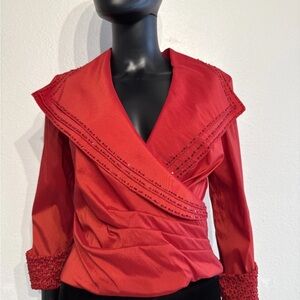 Jackie Jon TRIPLE COLLAR SEQUIN TRIM WRAP BLOUSE ZIP BACK FORMAL RED SIZE 6. NWT